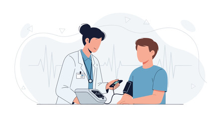 Fototapeta premium Doctor measuring patient's blood pressure with a digital device, medical check-up, healthcare concept, vector illustration