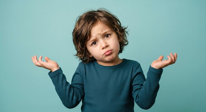Little boy's uncertain shrug on a calm teal backdrop, a moment of childhood bewilderment