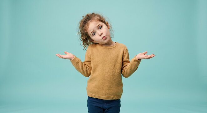 Little girl's perplexed shrug, wondering against a serene blue backdrop