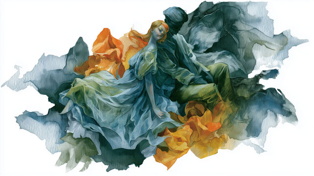 Watercolor illustration of a romantic couple embracing in abstract flowing paint