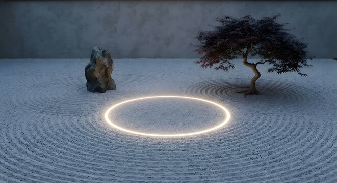 Zen garden with glowing ring and bonsai tree
