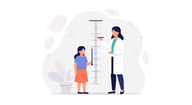 Doctor measuring child's height using stadiometer and measuring tape, growth chart concept
