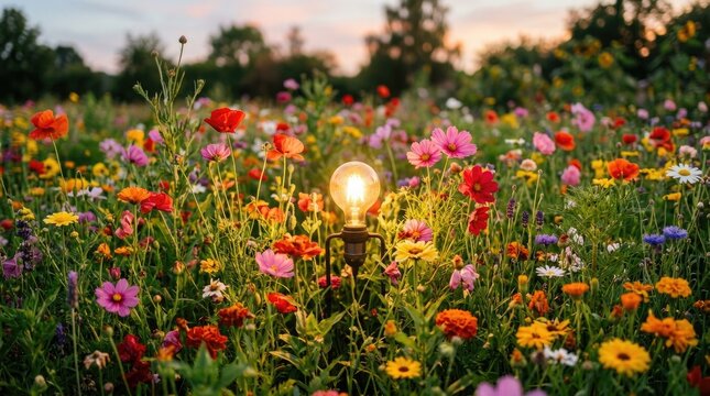 Celebrating world photography day glowing lightbulb amidst vibrant wildflower meadow at sunset