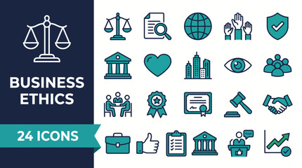 Fototapeta premium Comprehensive business ethics icon set illustrating integrity, transparency, governance, compliance, and ethical leadership for responsible corporate culture.