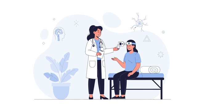 Doctor performing neurological examination on patient with EEG headset, medical illustration