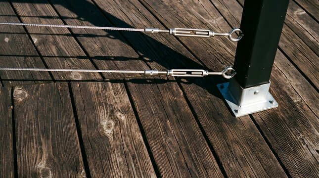 Steel cables secured with turnbuckles to a metal post on a weathered wooden deck during daylight