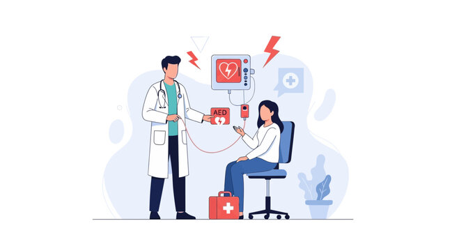 Doctor uses AED device on patient with heart monitor, symbolizing emergency medical care and resuscitation