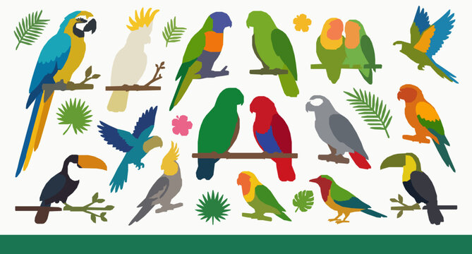 Colorful Tropical Parrot Collection Vector with Exotic Bird Illustrations