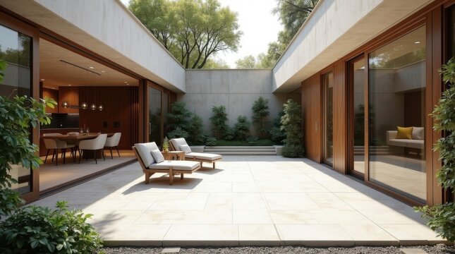Patio interior que conecta espacios habitables modernos, pavimento de piedra natural