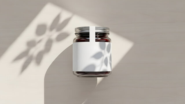 Top down view shows glass jam jar mockup on clean table surface with artistic sunlight shadow and minimal modern styling