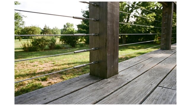 Wood deck railing post with stainless steel cables during sunny daytime outdoors with green foliage background