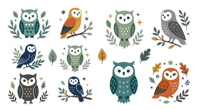 Set of cute cartoon owl characters with various patterns.
