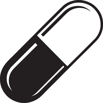 A simple black and white icon of a medical capsule