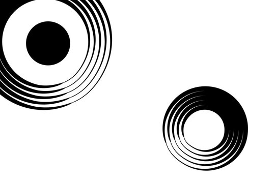 Minimalist abstract graphic illustration with black concentric circles, geometric op art design on white backdrop