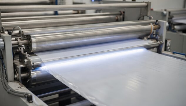 Medium shot of doubleside corona treatment process capturing simultaneous surface activation to boost film printability on both sides.