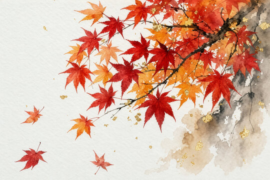 Watercolor painting of vivid autumn maple leaves with gold foil accents on white background