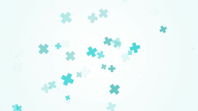 Medical plus signs floating on a white background. This clean and professional motion graphic loop is perfect for healthcare, pharmaceutical, and scientific