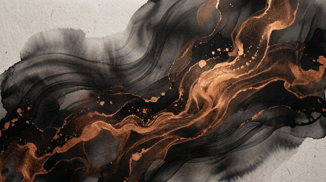 Abstract black ink wash texture with copper metallic accents on white paper