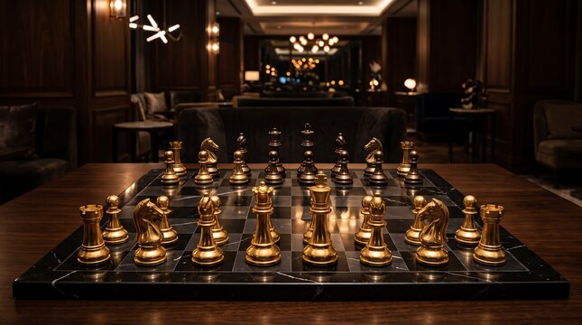 Luxury gold chess set on polished wooden board in dim moody library interior with strategy interior competition intellectual challenge checkmate business planning decision professional