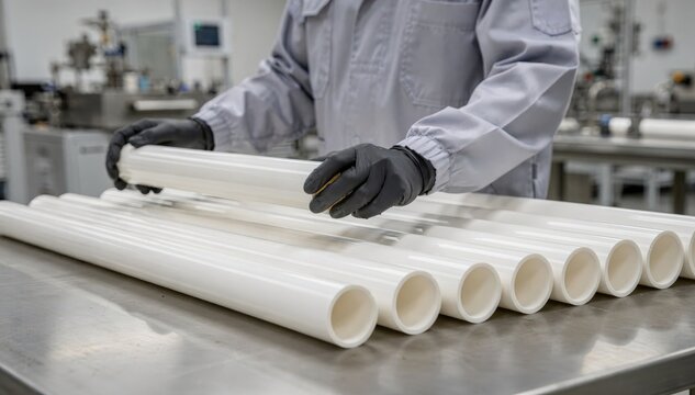 Medium shot of skilled technician inspecting highpurity ceramic tubes used in advanced chemical reactors highlighting smooth surfaces and precise dimensions.