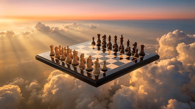 Chess board with pieces floating in the clouds during sunset strategy floating checkmate competition intellectual conceptual inspiration planning atmosphere