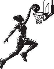 Black and white vector illustration of a female basketball player jumping high to slam dunk a ball into the hoop © YASIR ARAFAT EAVN