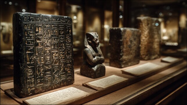 Museum display of ancient Egyptian artifacts behind glass