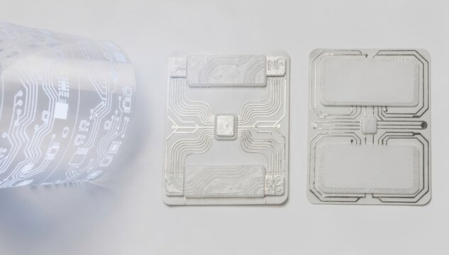 Medium shot of flexible printed electronics paper showcasing delicate printed circuits glowing softly under bright light. Medium shot of coated paper with embedded NFC tags