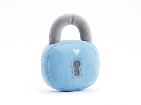Soft blue plush toy padlock, heart shaped keyhole, gray handle, cute security lock