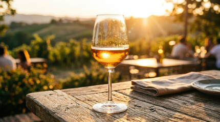 Obraz premium Wine glass chardonnay table sunset vineyard outdoor, golden drink on rustic wood at scenic terrace with soft background, relaxed warm evening mood