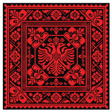 Albanian Eagle Folk Rug With Red Black Cultural Ornament