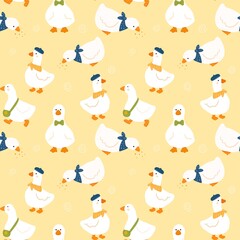 Adorable hand drawn farm geese seamless background for kids and nursery. Cute whimsical white duck cartoon pattern for wrapping paper and print on demand. © Ngoc