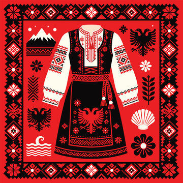 Traditional Albanian Costume Illustration With Eagle Floral Border Ornament Details