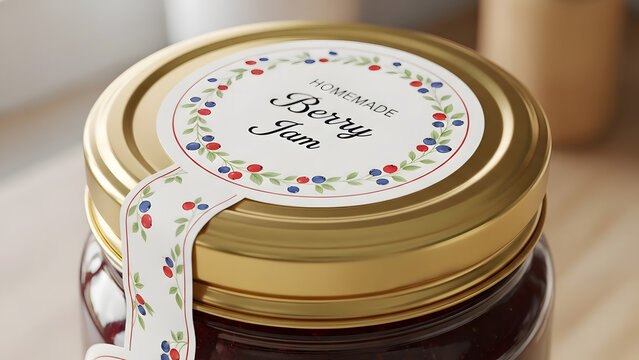 Transparent jam jar mockup highlighting lid and label area with soft blurred background detail