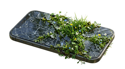 Shattered smartphone screen with growing vegetation a conceptual 3d rendering on black background broken cellphone mobile device © rana