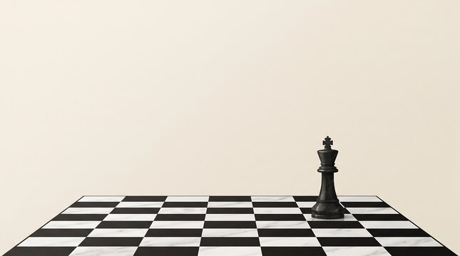 Black king chess piece standing alone on a black and white checkered board with strategy competition leadership challenge checkmate minimalist decision opposition professional isolated