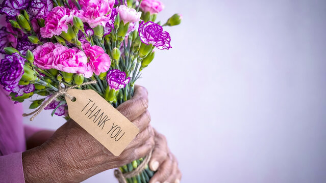 Hands hold a vibrant bouquet of pink and purple carnations. Wooden tag reads 'THANK YOU'. The person's fingers show gentle care. Soft background highlights the flowers