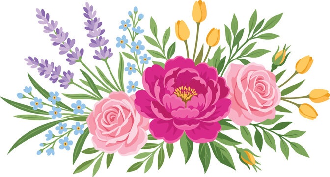Beautiful blooming flower bouquet with pink peony roses lavender yellow tulips and blue forget me nots wedding invitation element cartoon vector illustration