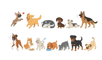 Different dog breeds cartoon vector set with pets running jumping eating sleeping barking and guarding © MDImamul