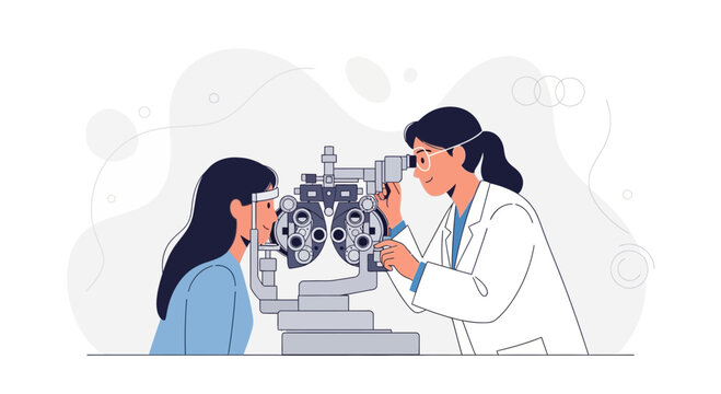 Optometrist examining patient's eyes with a phoropter in a modern clinic, vector illustration.