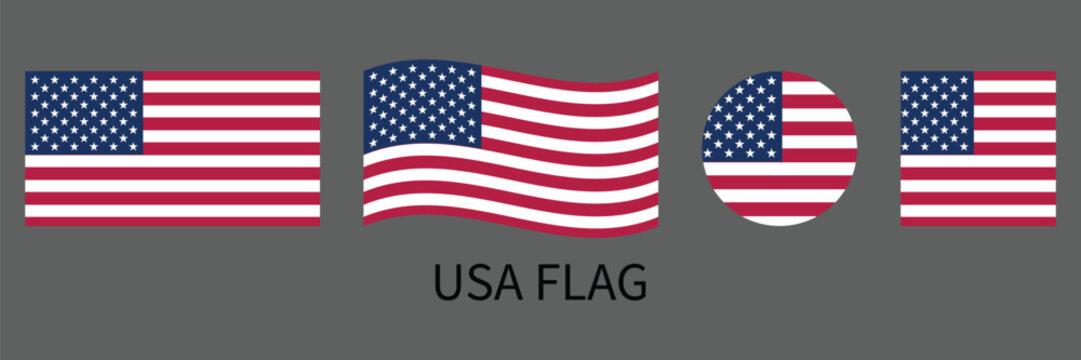 USA Flag Collection with Flat, Waving, Round and Square American Flag Icons Vector Illustration