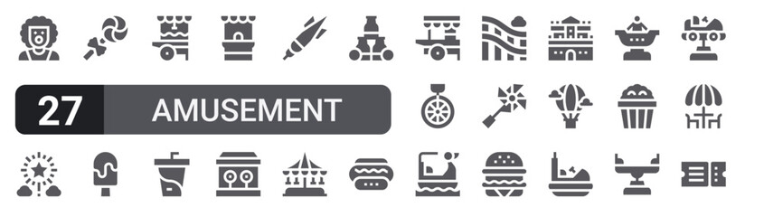 Set of 27 filled glyph Amusement Park icons for mobile apps, web interfaces and digital products. Solid vector icon pack featuring clown, popcorn cart, dart, unicycle, hot air balloon and ticket. © William