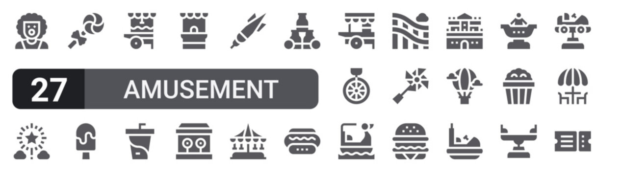 Set of 27 filled glyph Amusement Park icons for mobile apps, web interfaces and digital products. Solid vector icon pack featuring clown, popcorn cart, dart, unicycle, hot air balloon and ticket.