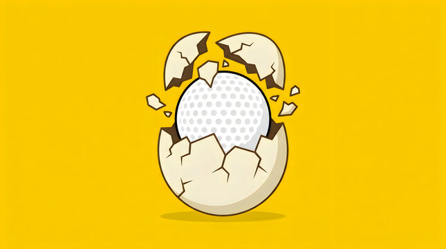A golf ball breaking out of a shell, creative concept, simple flat design, solid yellow background
