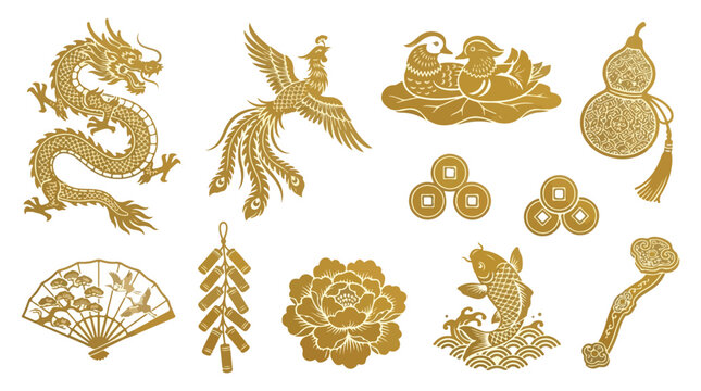 Traditional Chinese New Year gold icons, set of 11 oriental cultural symbols, golden dragon and phoenix vector illustrations for lunar festival