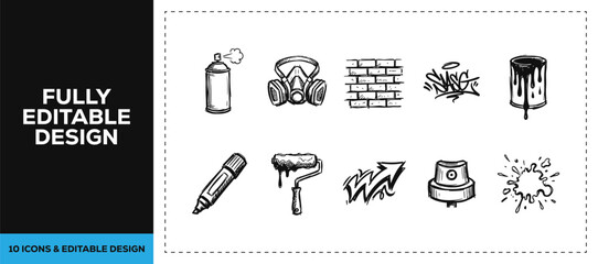 Black ink scribble hand drawn doodle sketch vector icon set featuring urban street art graffiti spray cans and mask isolated on white background texture creative design © Graphics