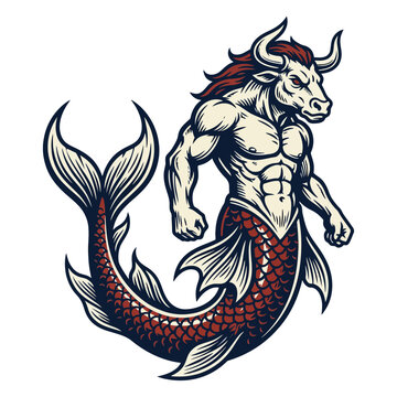 A powerful mythological sea bull is depicted in a vector style