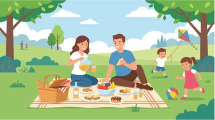 Fototapeta premium Family Picnic Activity with Parents and Children Enjoying Food Outdoors in a Green Park Setting Illustrated from Eye-Level Viewpoint