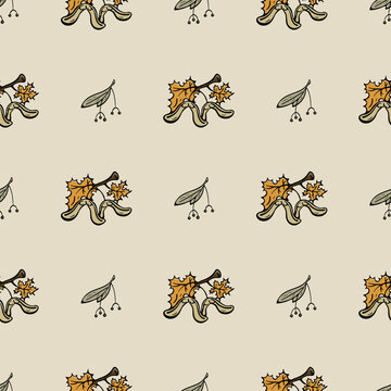Autumn seamless pattern with maple leaves, samara helicopter seeds and linden tree pods on beige background. Hand drawn doodle illustration of repeating fall elements. Endless decorative texture
