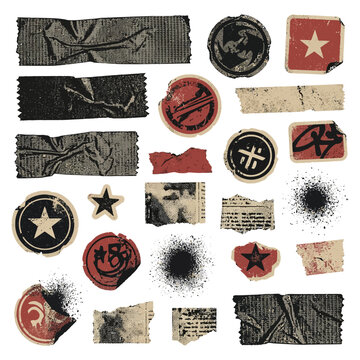 A collection of distressed grunge stickers and torn tape